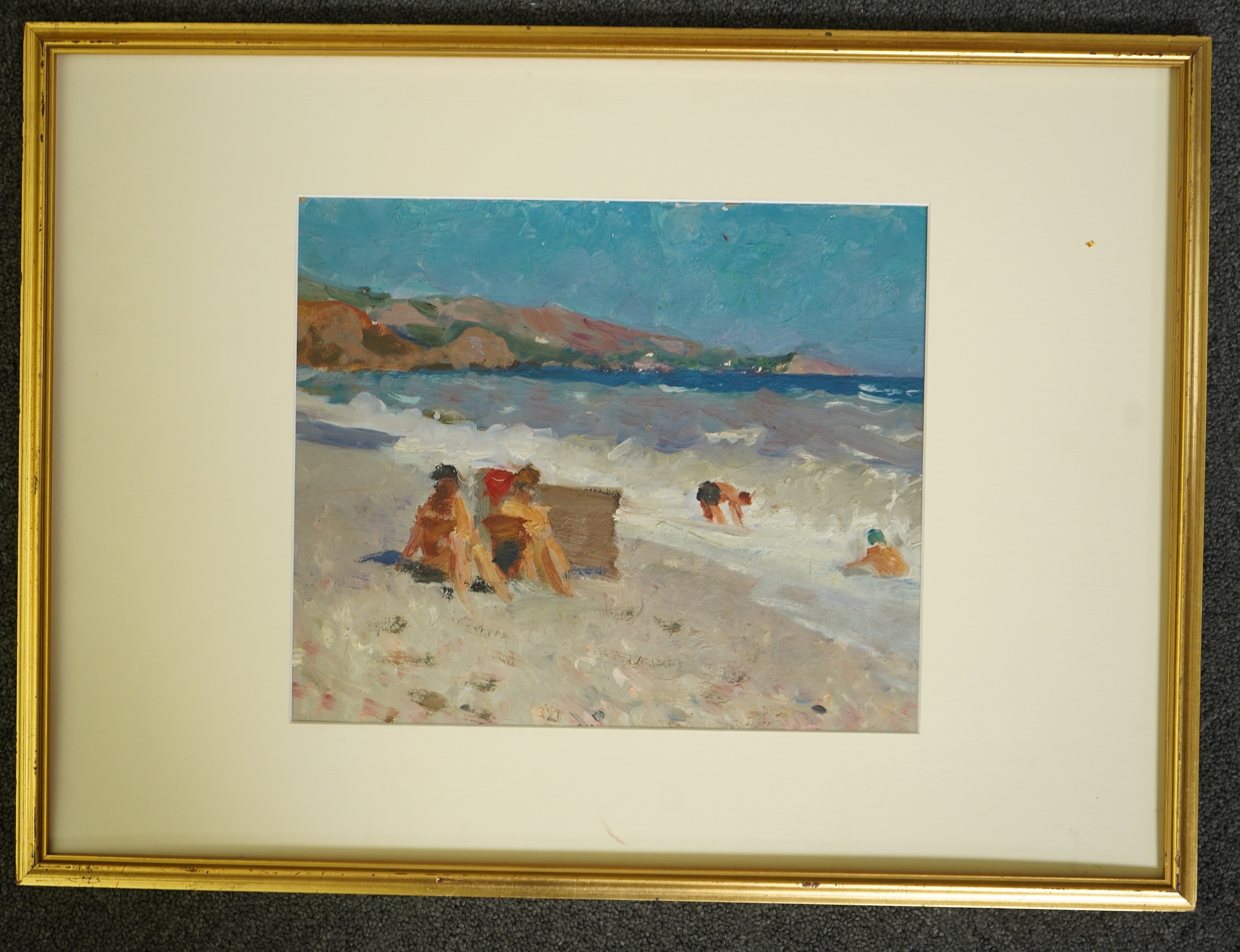 Impressionist oil on card, Beach scene with figures, unsigned, 27 x 32cm. Condition - good